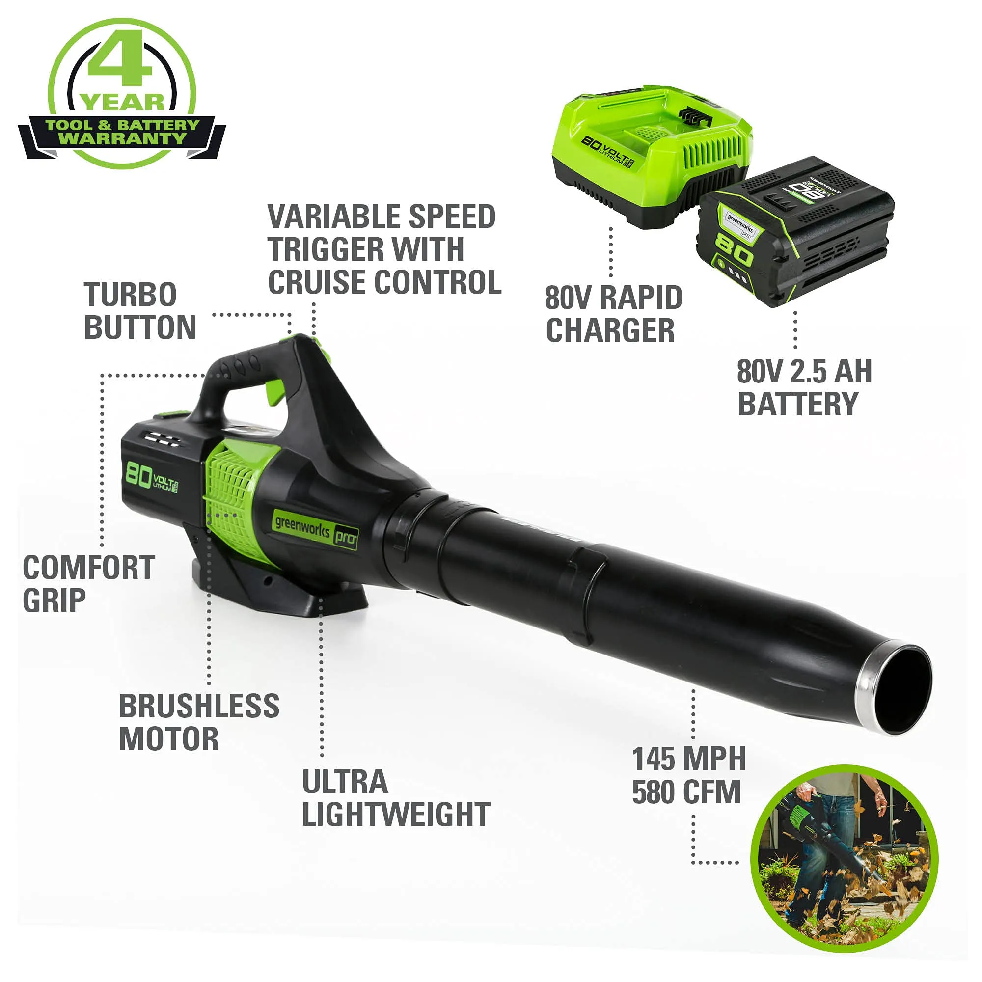 80V Cordless 580 CFM Brushless Leaf Blower w/ 2.5Ah Battery & Charger