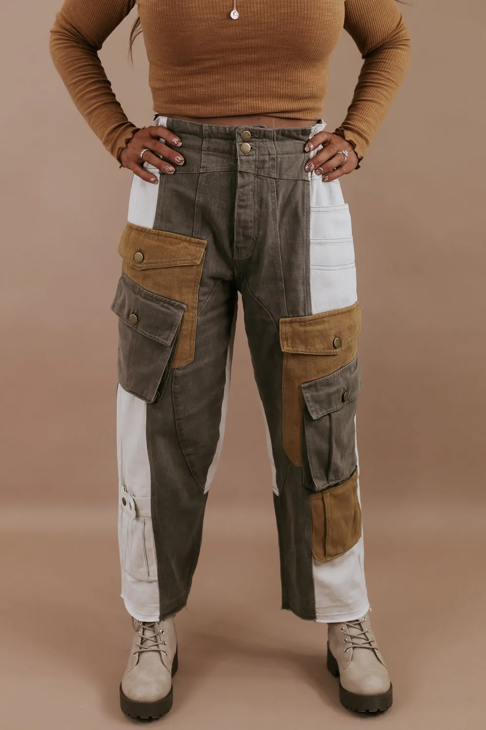 A Step Above Color Blocked Cargo Pants, Olive