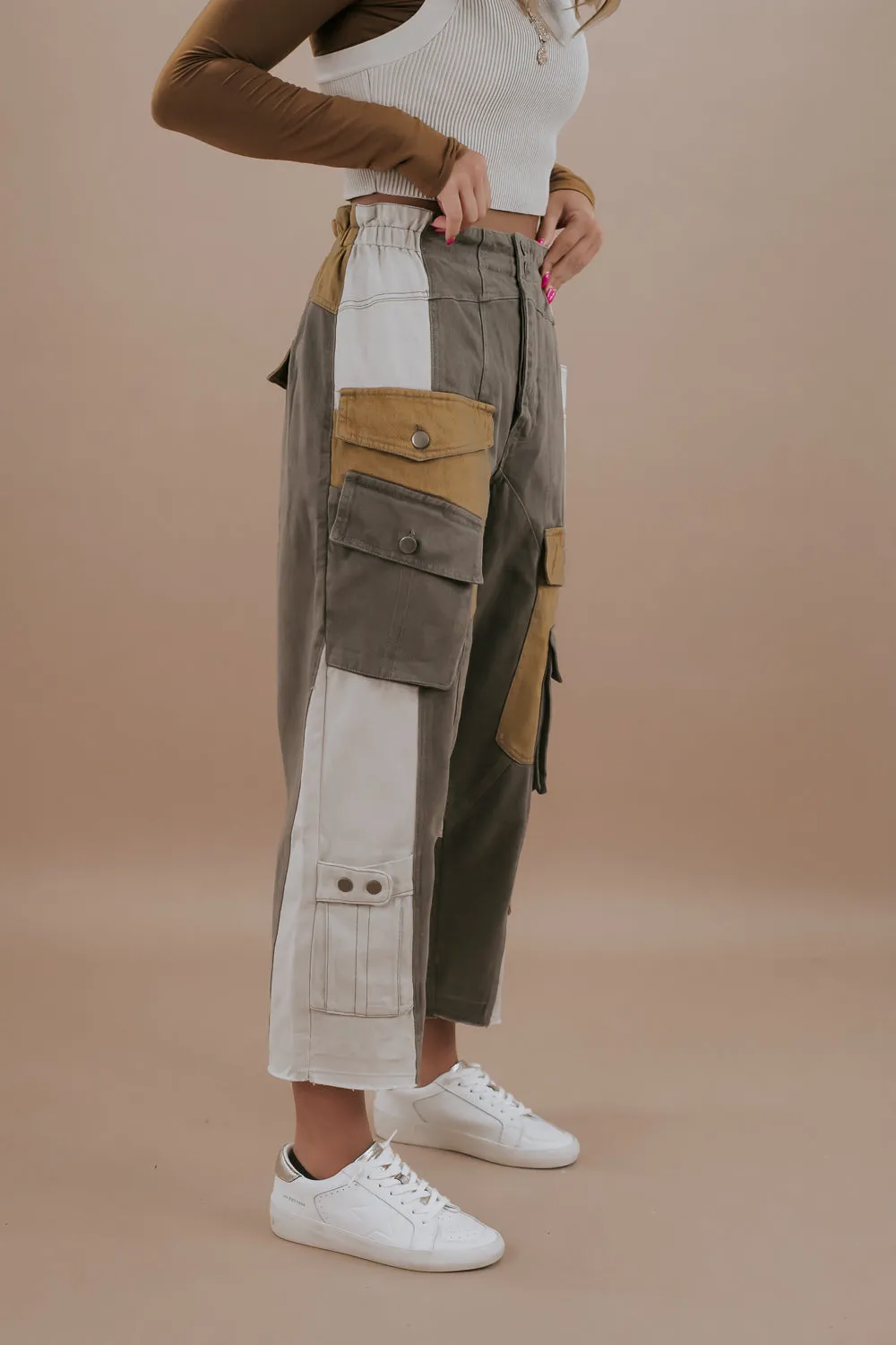 A Step Above Color Blocked Cargo Pants, Olive