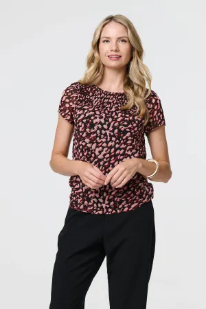 Animal Print Sparkle Trim Cap Sleeve Top