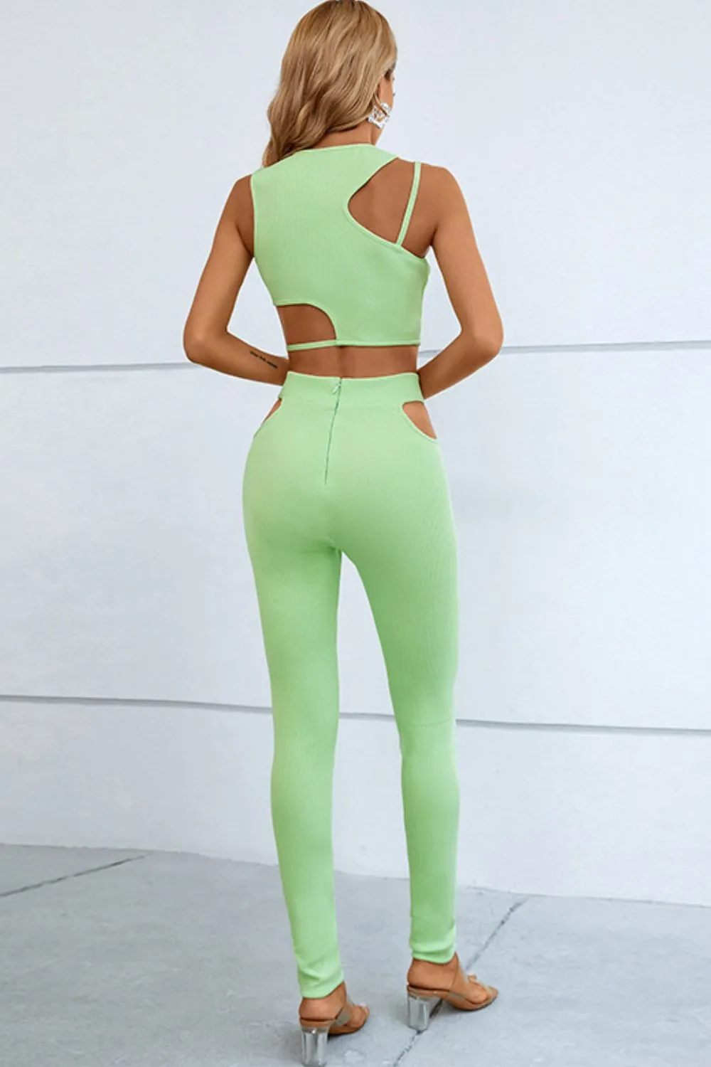 Asymmetrical Ribbed Cutout Tank and Pants Set