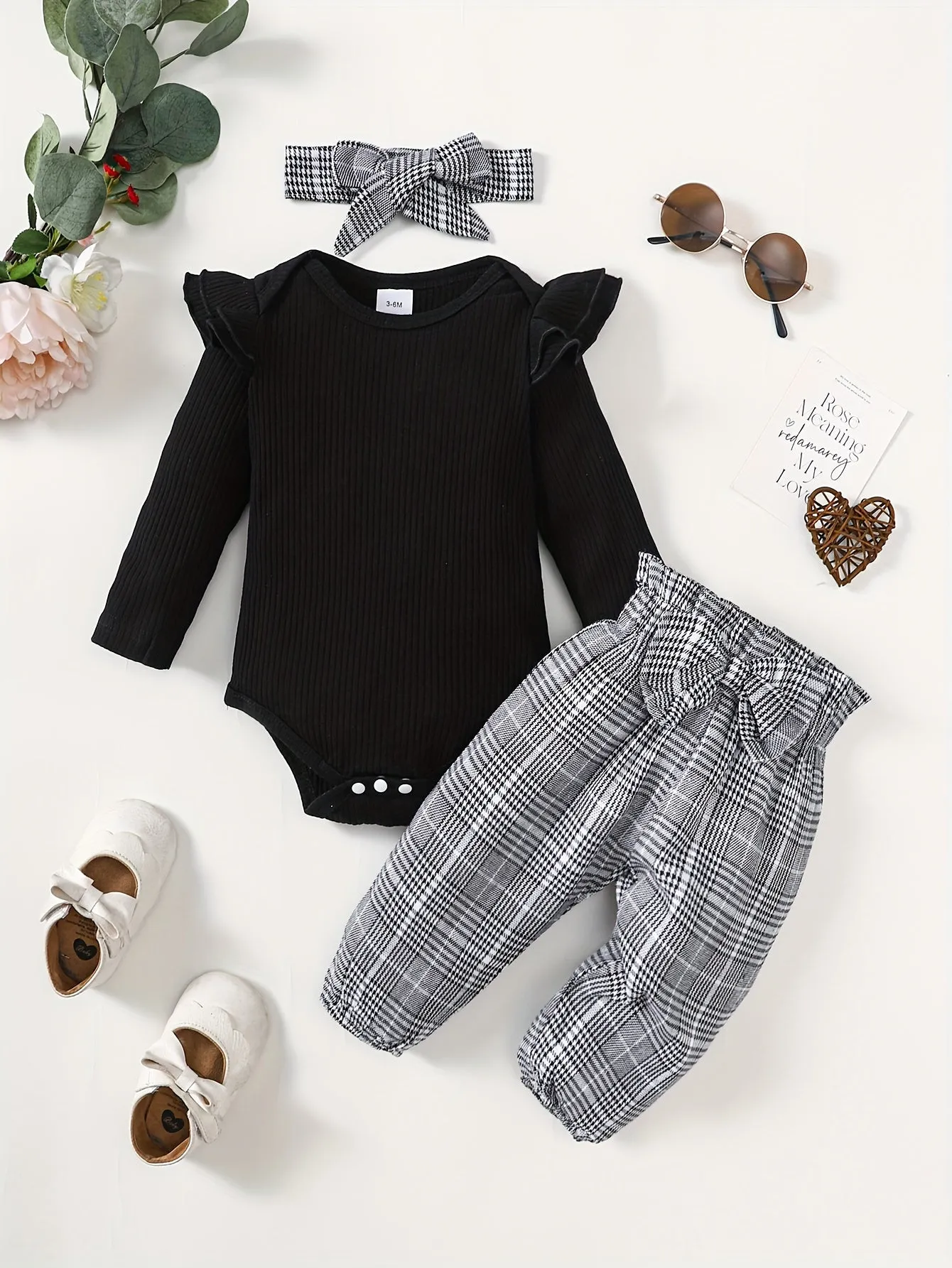 Baby Girls Flying Sleeve Romper Set with Plaid Trousers