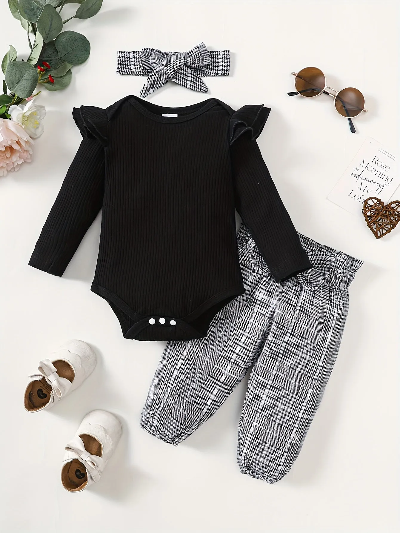 Baby Girls Flying Sleeve Romper Set with Plaid Trousers