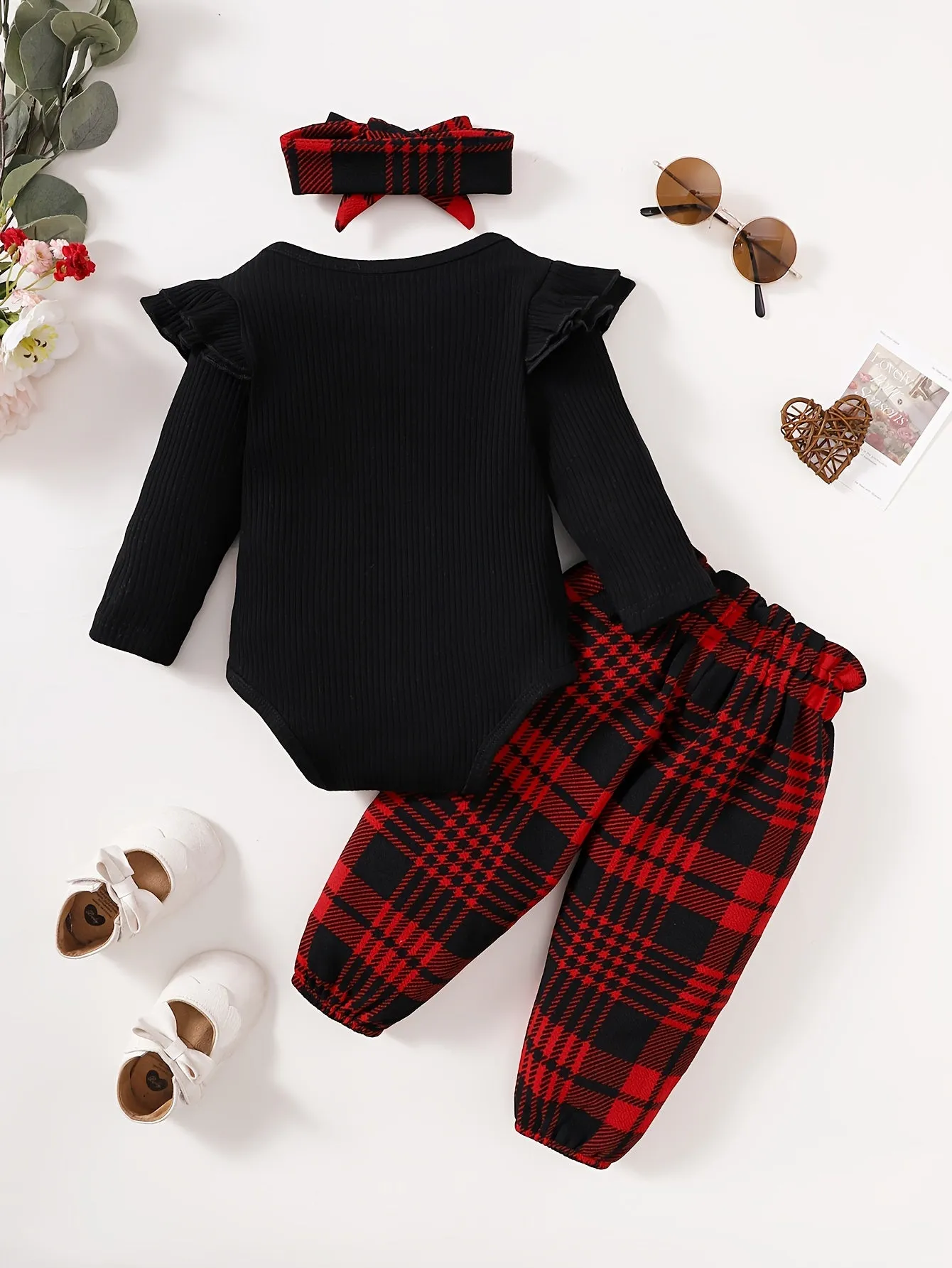 Baby Girls Flying Sleeve Romper Set with Plaid Trousers