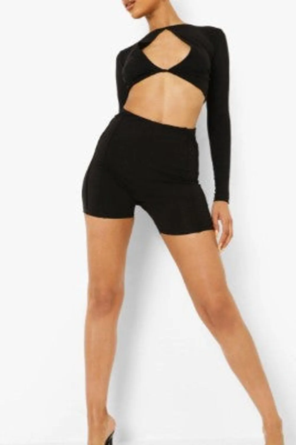 Black Long Sleeve Twist Front Crop Top