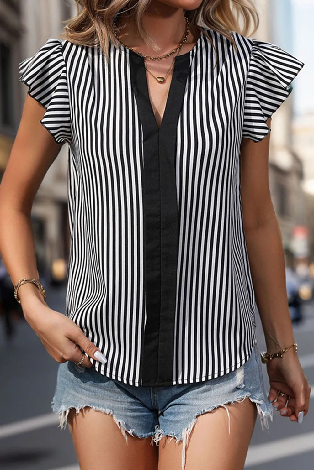 Black Stripe Ruffle Sleeve Notch V Neck Round Hem Blouse