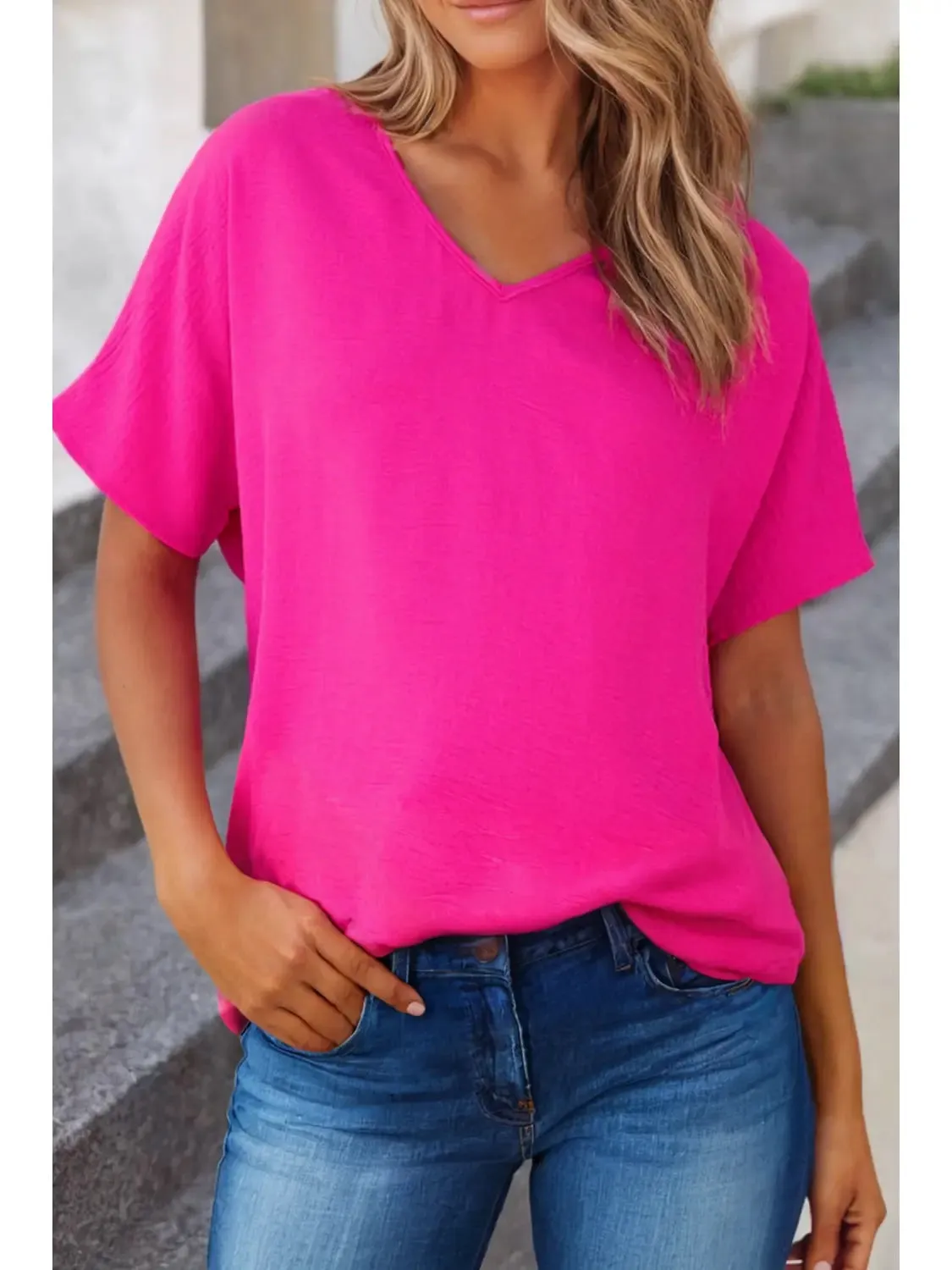 Blouse - Solid V-Neck Short Sleeve, Rose