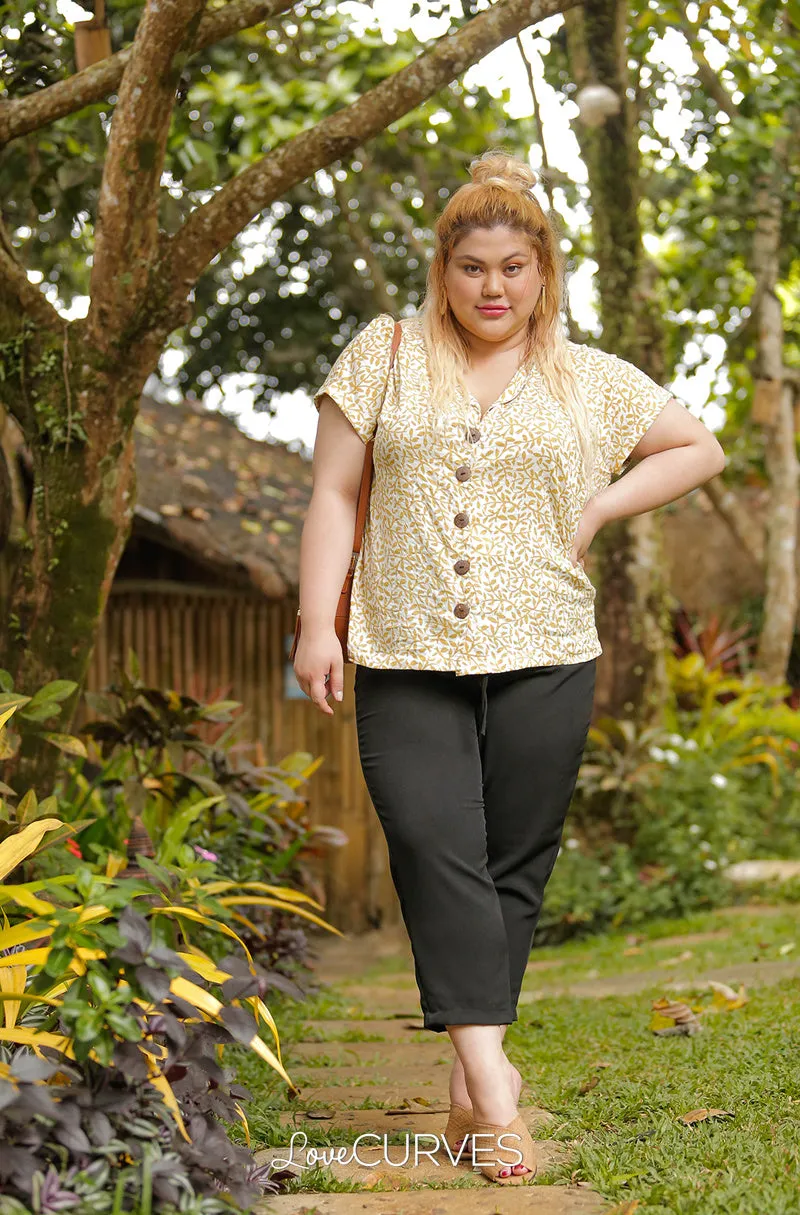 Boxy Notch Collar Button Down Top - Mustard Leaves