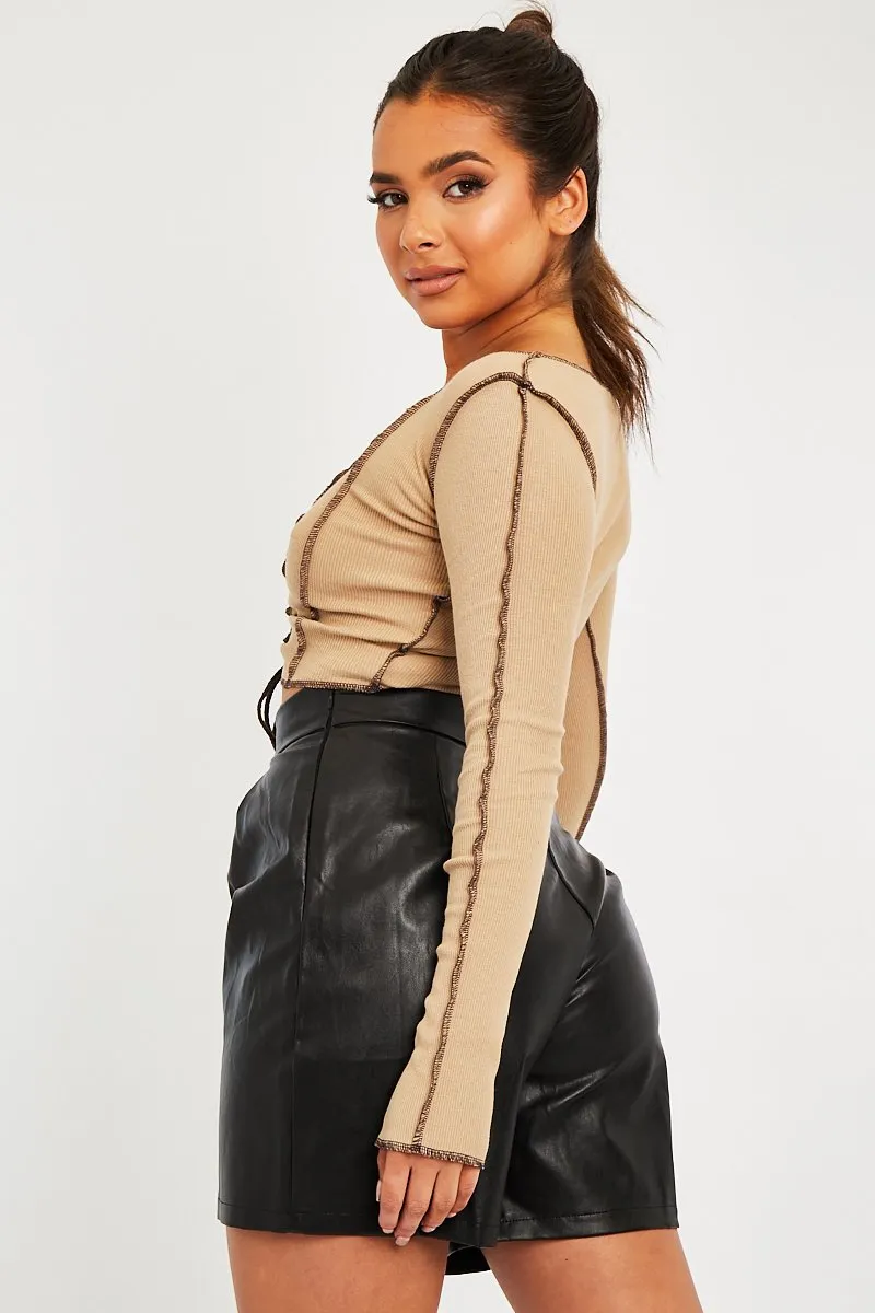 Camel Lace Up Contrast Stitch Long Sleeve Crop Top - Mitzi