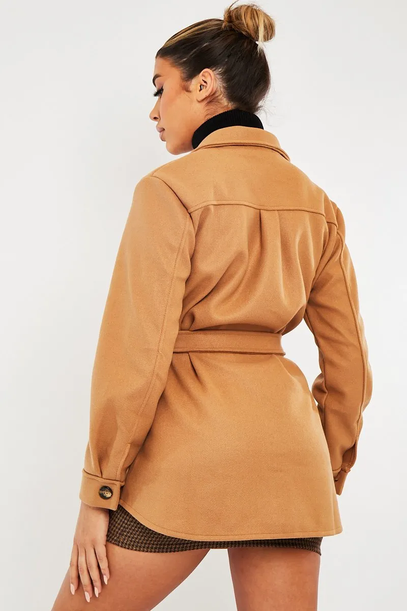 Camel Long Belted Shacket - Maryah