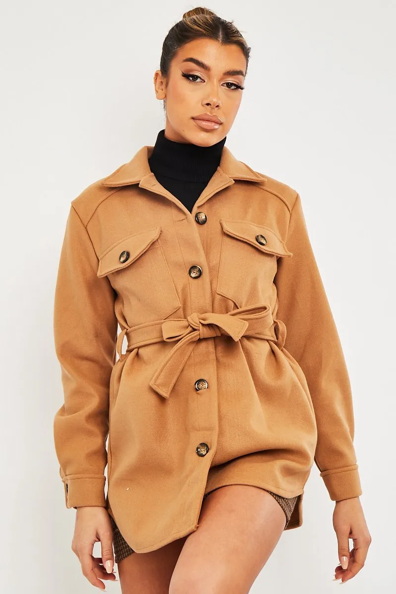 Camel Long Belted Shacket - Maryah