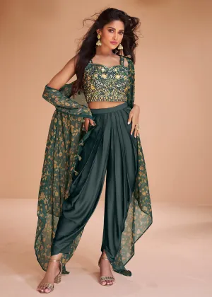 Deep Teal Satin Silk Indo Western Style Dhoti Pant Suit