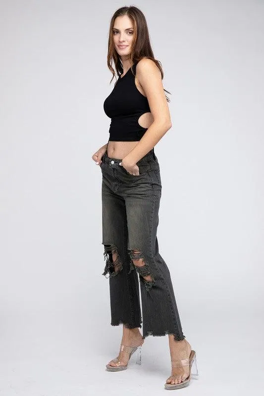 Distressed Vintage Washed Wide Leg Pants