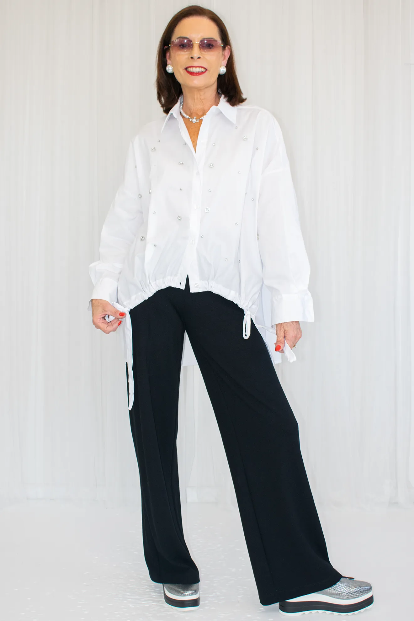 Eleanor Ruched Tie-Side Diamante Shirt in White