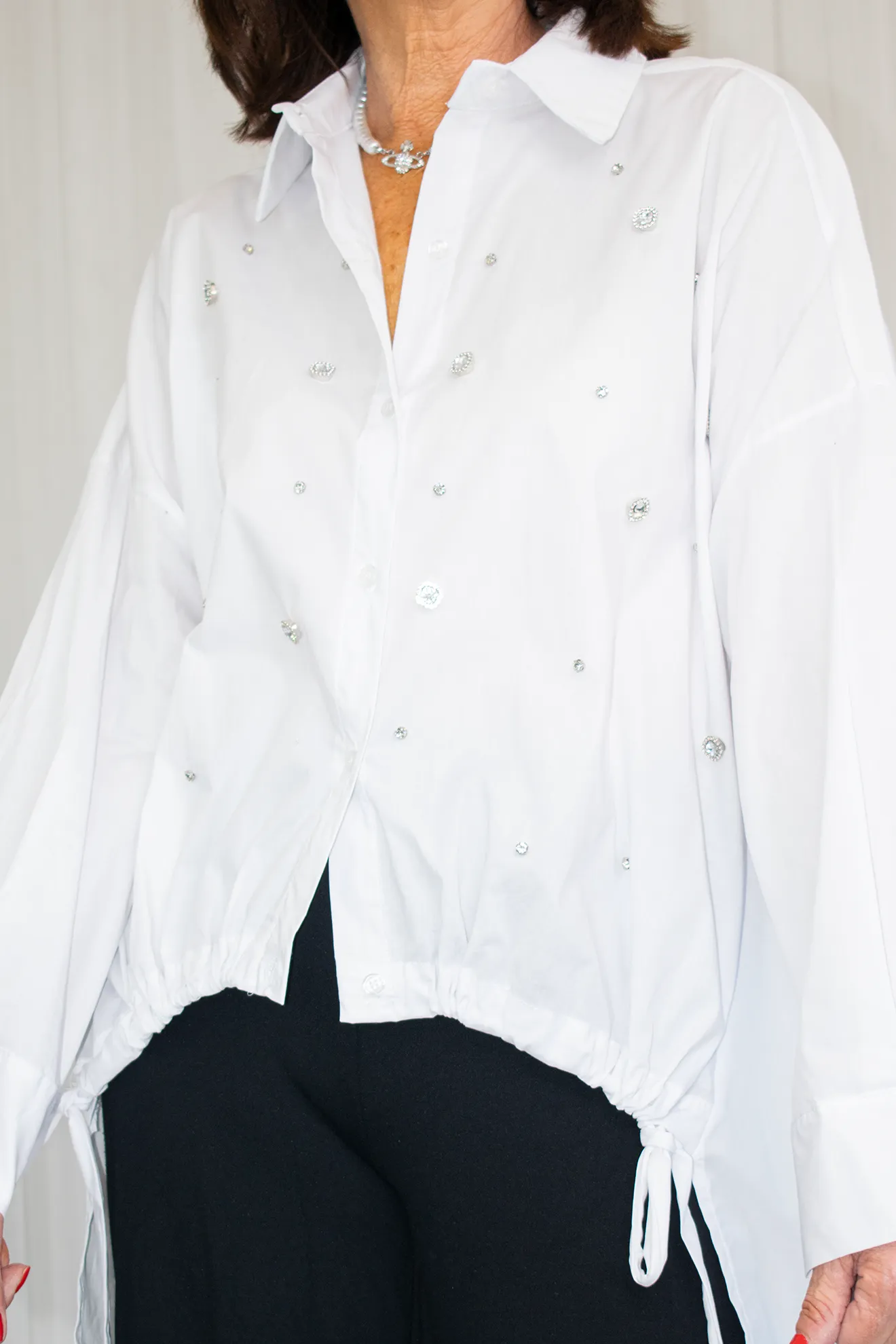 Eleanor Ruched Tie-Side Diamante Shirt in White