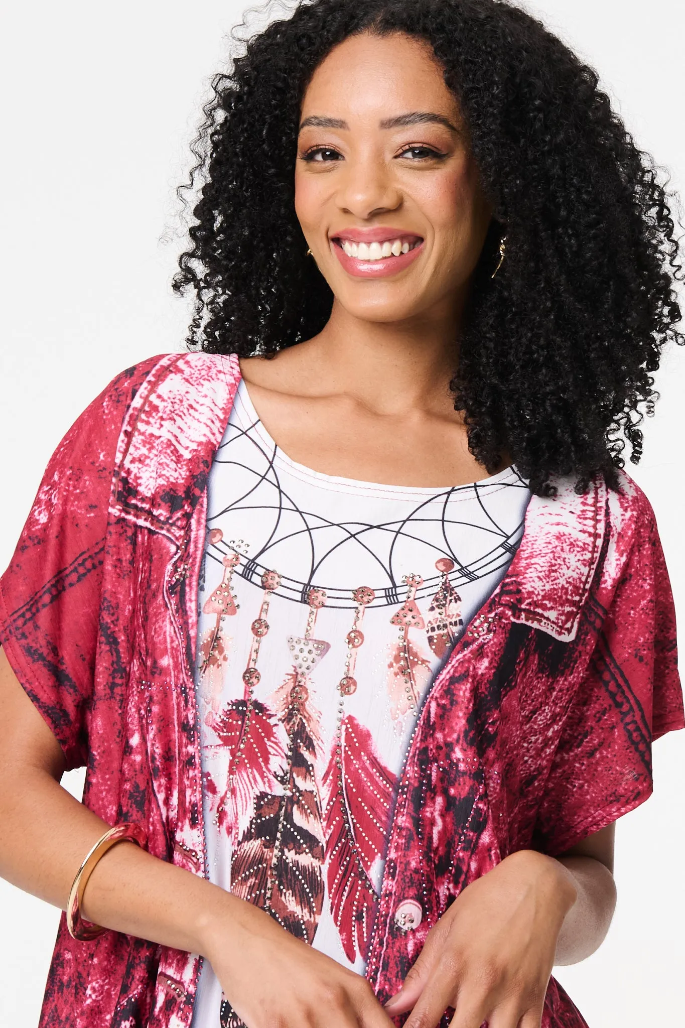 Feather Print Relaxed Short Sleeve Tunic