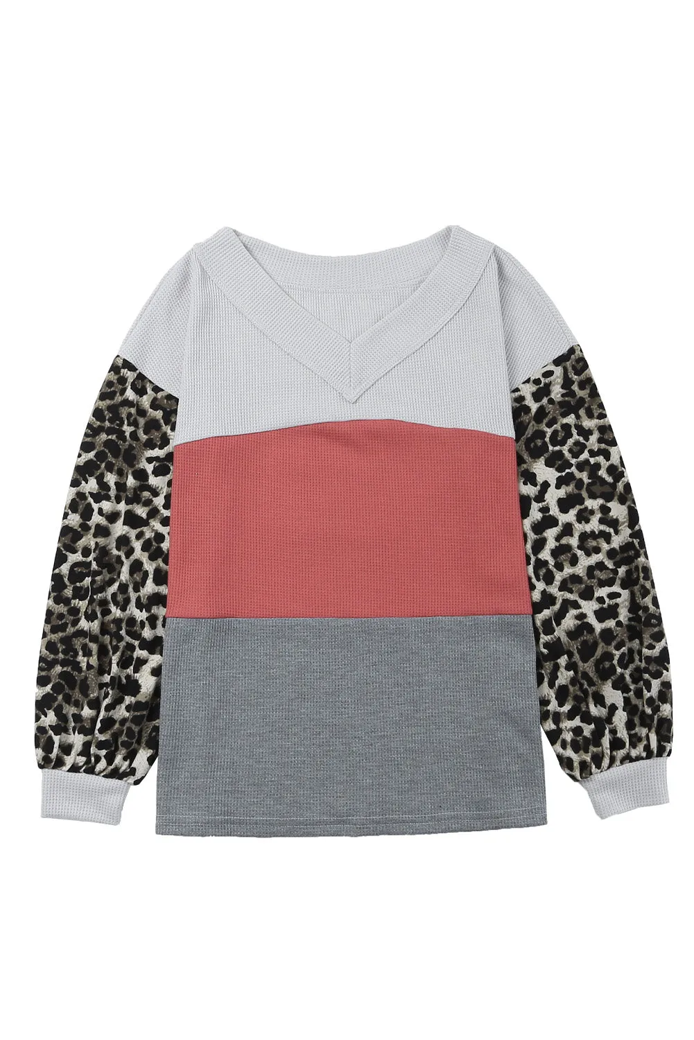 Fiery Red Wild Leopard Contrast Sleeve Colorblock Waffle Knit Top