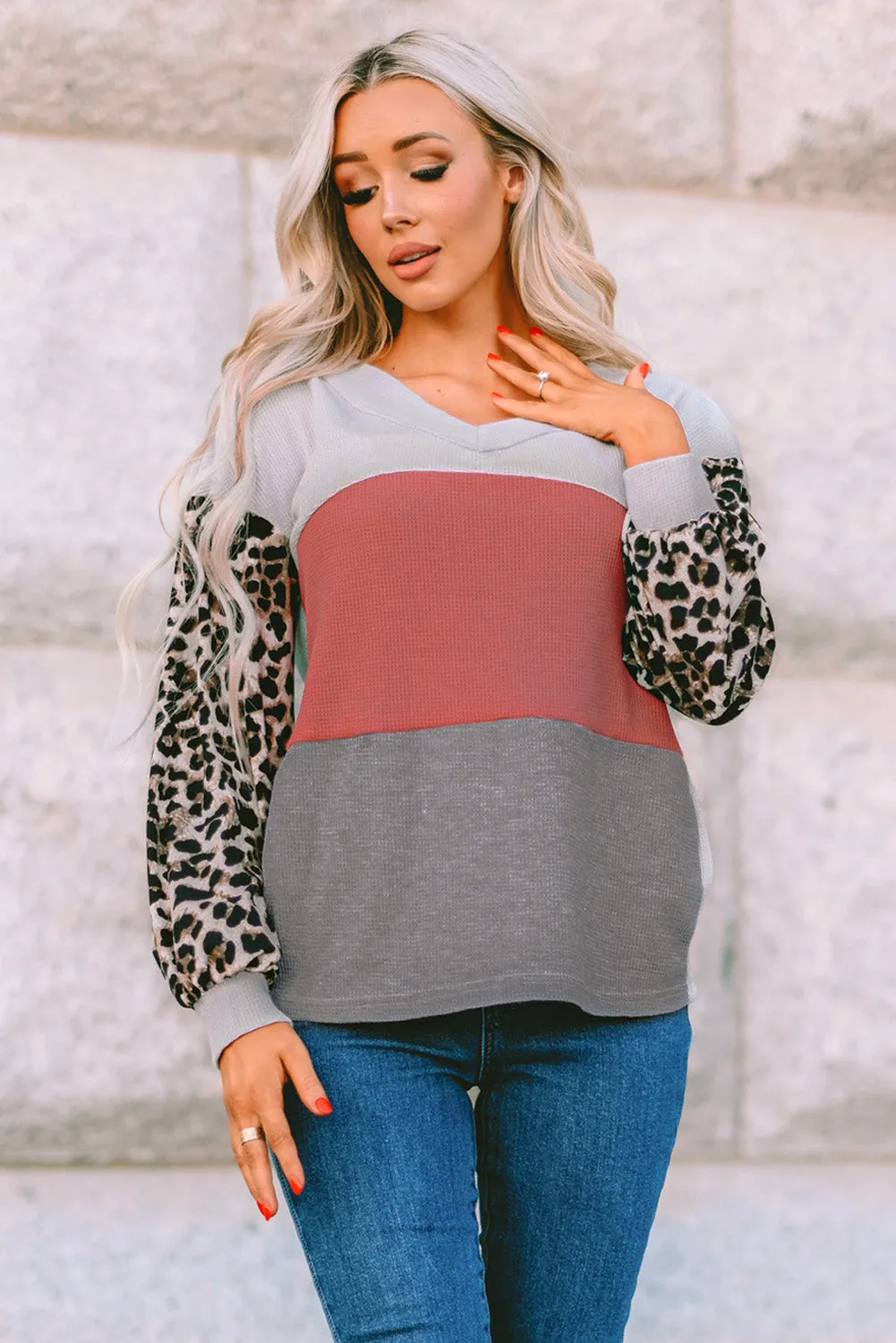 Fiery Red Wild Leopard Contrast Sleeve Colorblock Waffle Knit Top