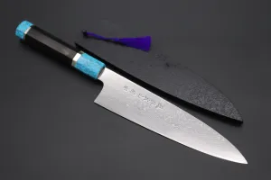 Fu-Rin-Ka-Zan YUTAKA 豊佳 Series R-2 Damascus Edition FRDYP-22 Wa Gyuto 210mm (8.2 Inch, Octagonal Ebonywood handle with a Turquoise Composite Stone Ferrule & Butt with Nickel Silver Spacers)