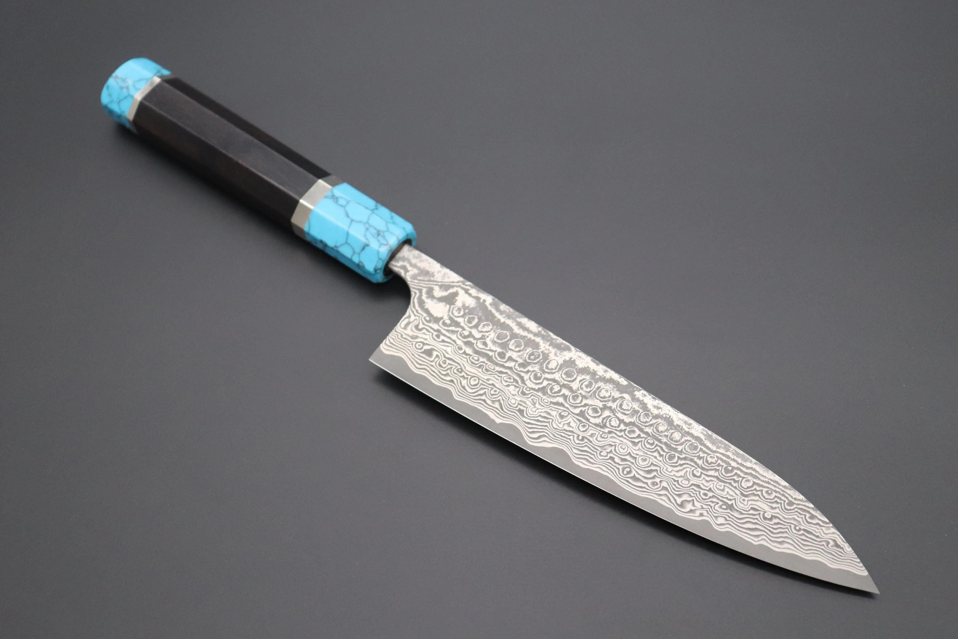 Fu-Rin-Ka-Zan YUTAKA 豊佳 Series R-2 Damascus Edition FRYP-35 Wa Gyuto 180mm (7 inch,  Octagon Shaped Ebonywood Handle with Turquoise Composite Stone Ferrule & Butt)