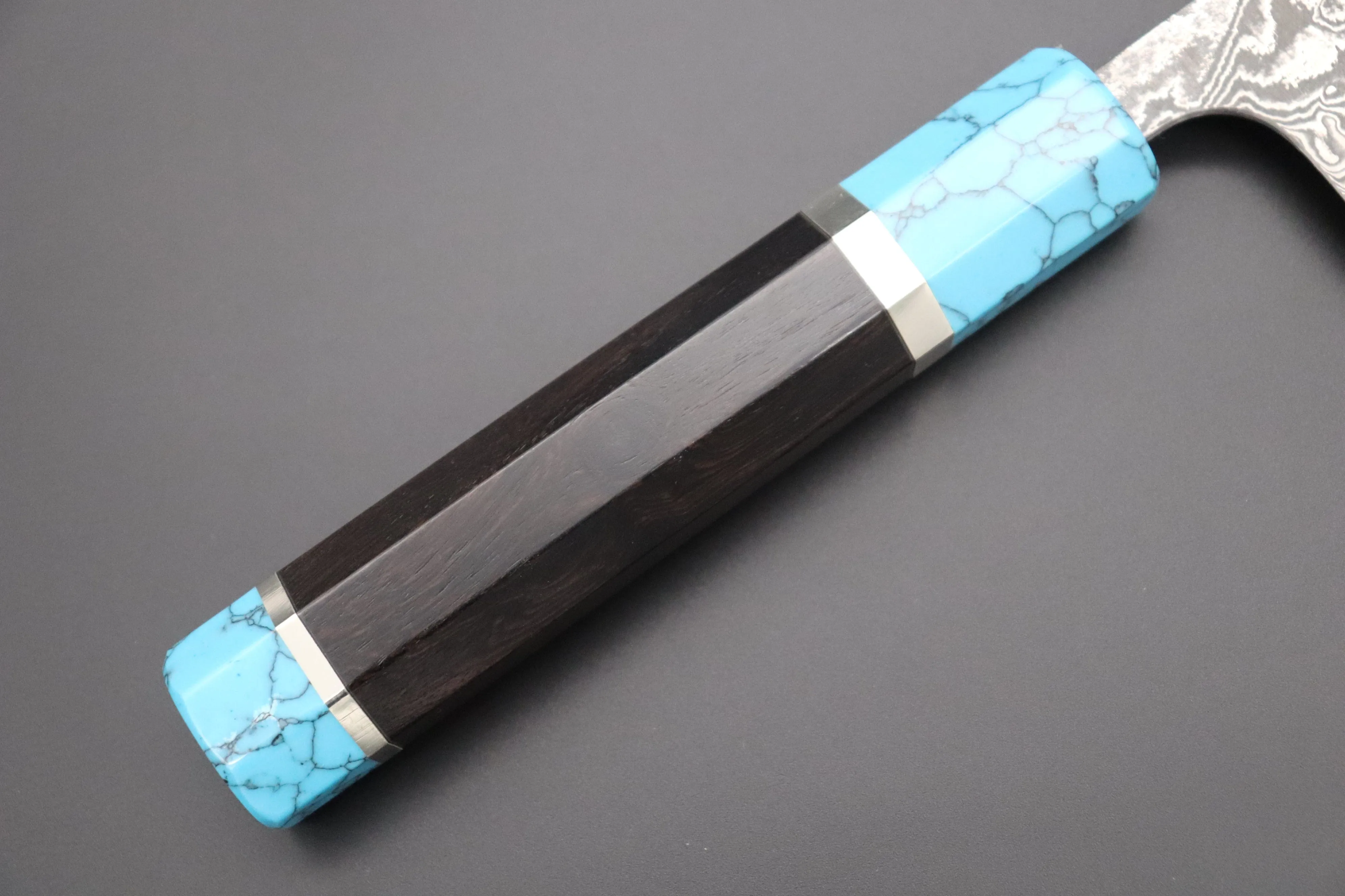 Fu-Rin-Ka-Zan YUTAKA 豊佳 Series R-2 Damascus Edition FRYP-35 Wa Gyuto 180mm (7 inch,  Octagon Shaped Ebonywood Handle with Turquoise Composite Stone Ferrule & Butt)