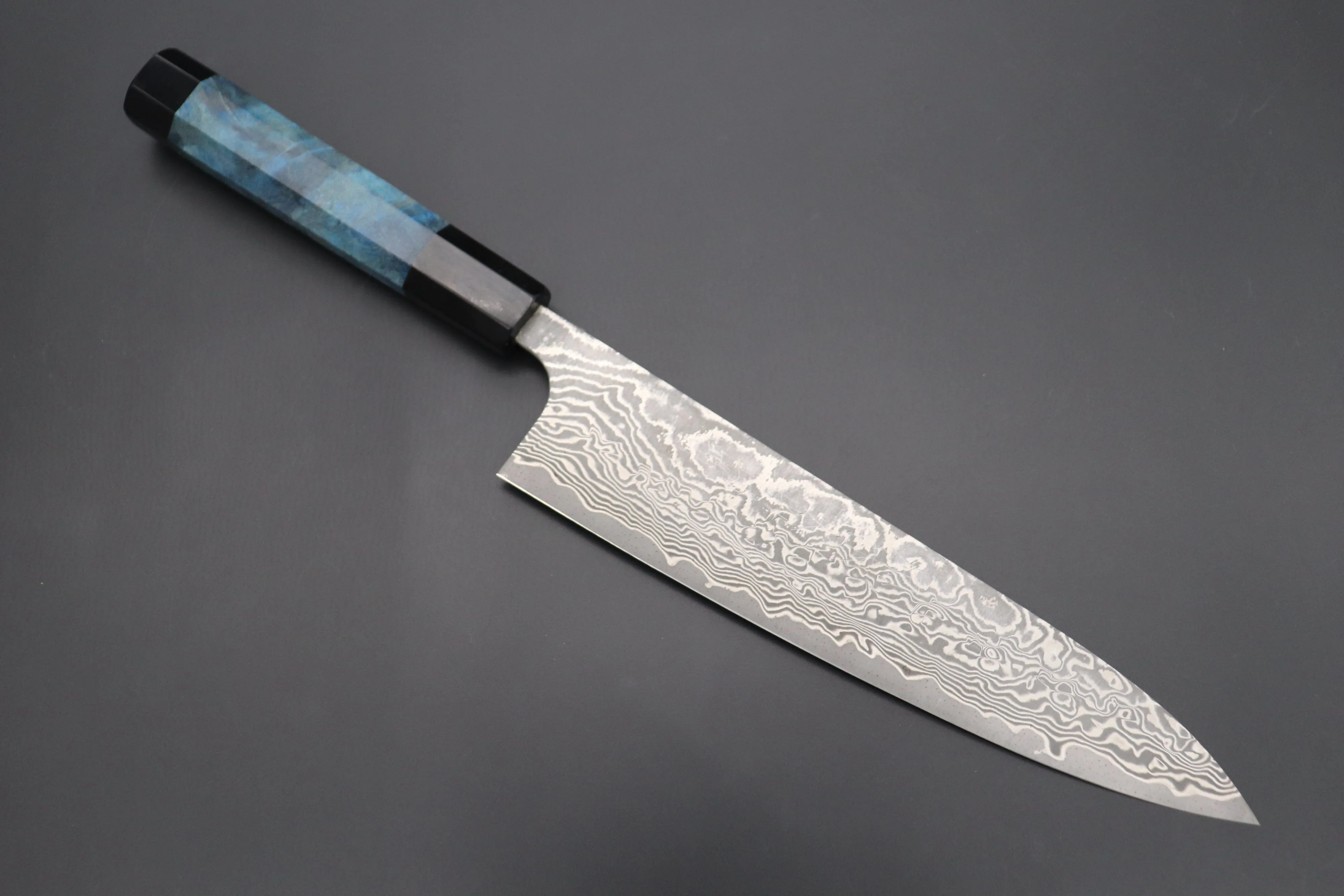 Fu-Rin-Ka-Zan YUTAKA 豊佳 Series R-2 Damascus Edition FRYP-36 Wa Gyuto 210mm (8.2 inch, Ocean Blue Color Stabilized Maple Burl Wood Handle)