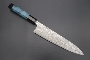 Fu-Rin-Ka-Zan YUTAKA 豊佳 Series R-2 Damascus Edition FRYP-36 Wa Gyuto 210mm (8.2 inch, Ocean Blue Color Stabilized Maple Burl Wood Handle)