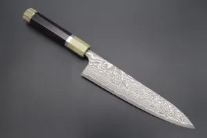 Yutaka Fu-Rin-Ka-Zan Series R-2 Damascus Wa Gyuto Knife 210mm (8.2 inch) - Octagon Ebonywood Handle with Green Stone Ferrule & Butt, FRYP-41