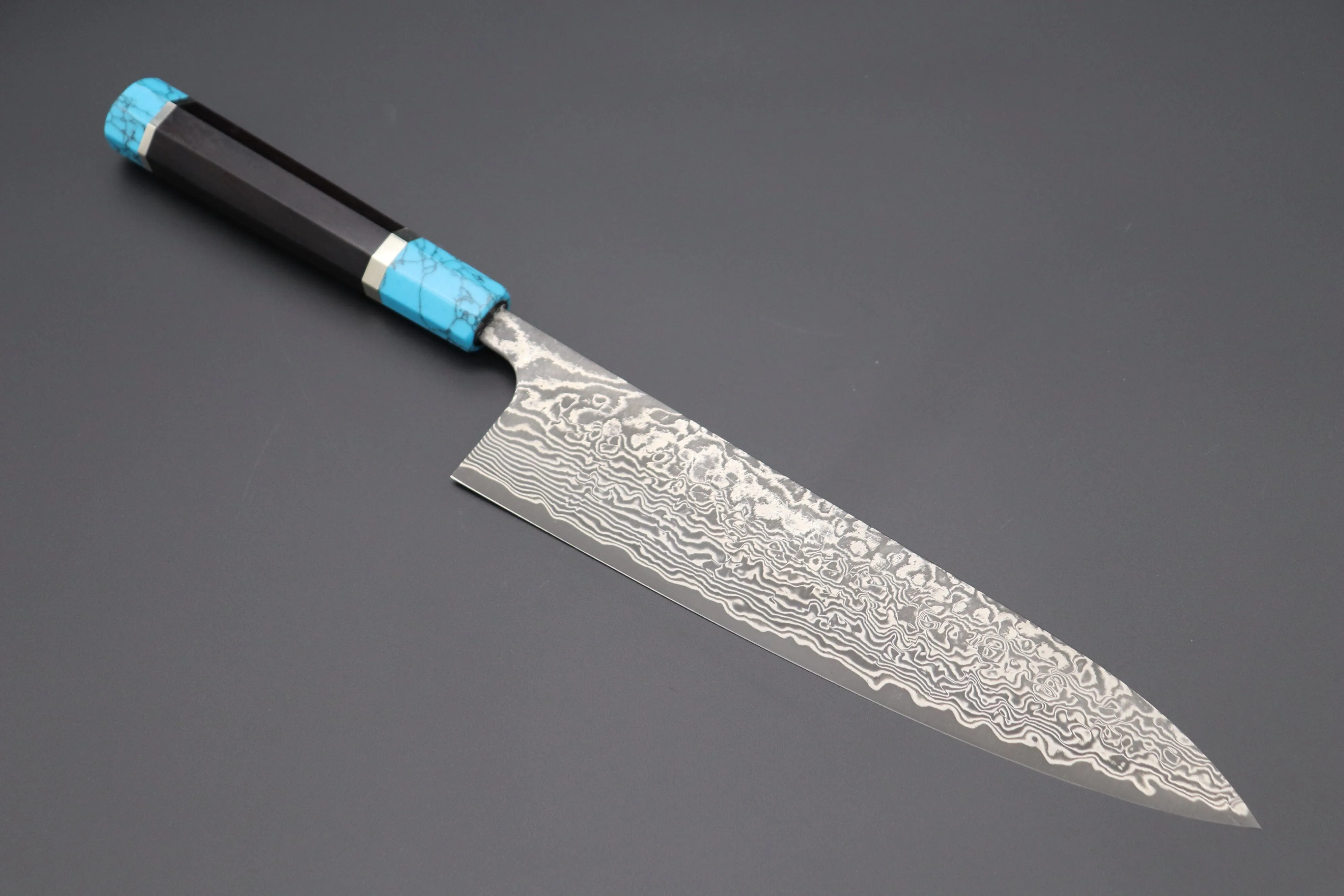 Fu-Rin-Ka-Zan YUTAKA 豊佳 Series R-2 Damascus Edition FRYP-53 Wa Gyuto 240mm (9.4 inch, Octagon Shaped Ebonywood Handle with Turquoise Composite Stone Ferrule & Butt)