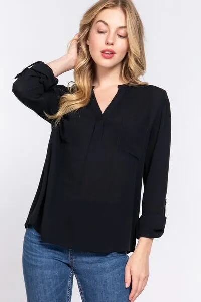 Full Size Notched Long Sleeve Woven Top