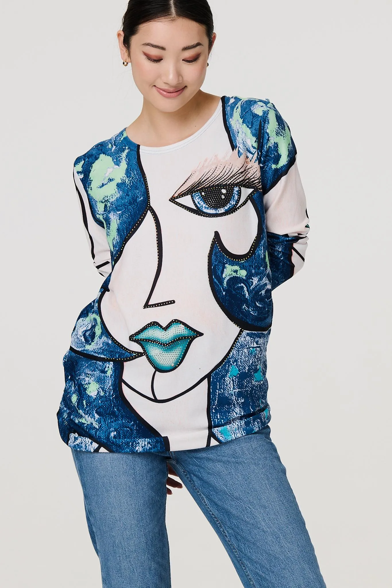 Graphic Diamante Print Long Sleeve Top