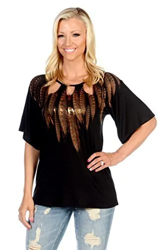 Liberty Wear Peekaboo Feathers, Short Sleeve, Tri Cut Accent Black Fashion Tunic