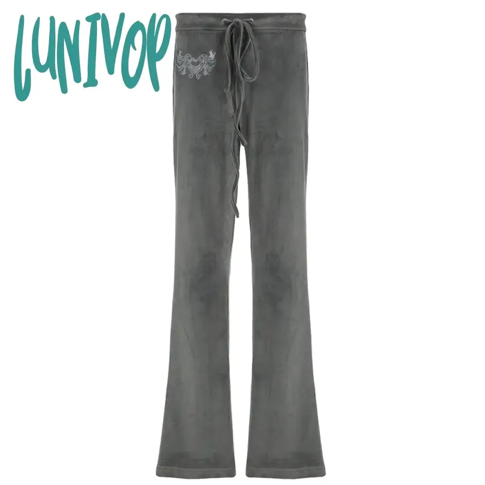 Lunivop 90s fashion Street Style Y2g Vintage Rhinestone Velvet Flared Pants Autumn and Winter New Simple Basic All-Match Casual Trousers