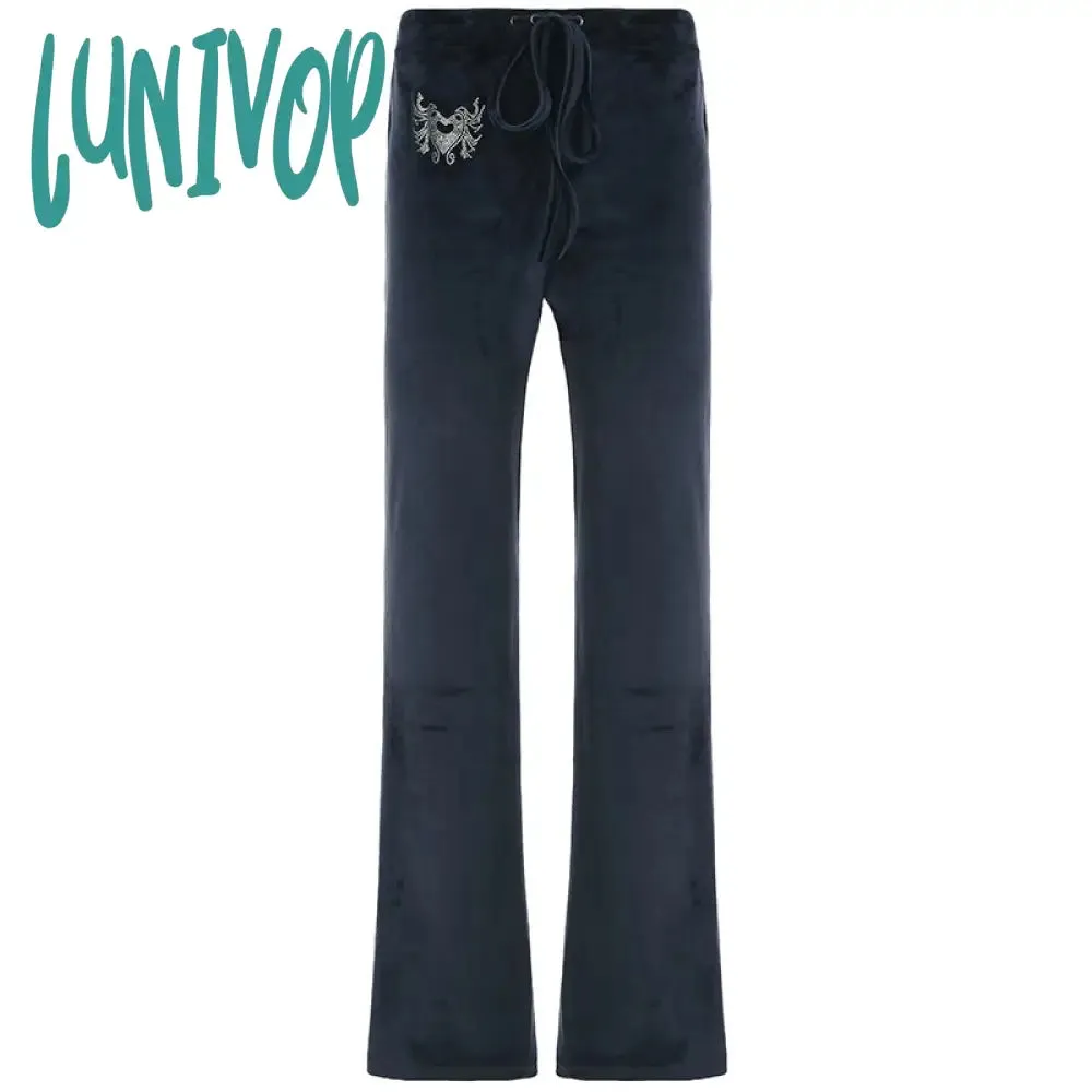 Lunivop 90s fashion Street Style Y2g Vintage Rhinestone Velvet Flared Pants Autumn and Winter New Simple Basic All-Match Casual Trousers