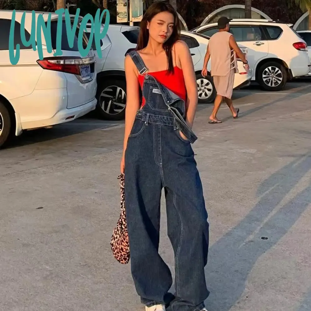 Lunivop 90s fashion Summer and Autumn New American Retro High Waist Denim Suspender Pants Women's Wide Leg Loose Casual Straight Slimming Mop Pants