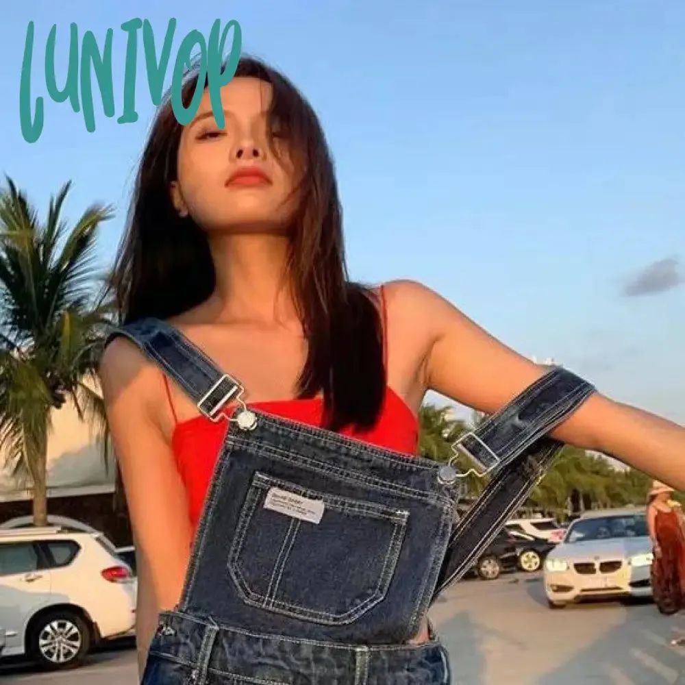 Lunivop 90s fashion Summer and Autumn New American Retro High Waist Denim Suspender Pants Women's Wide Leg Loose Casual Straight Slimming Mop Pants