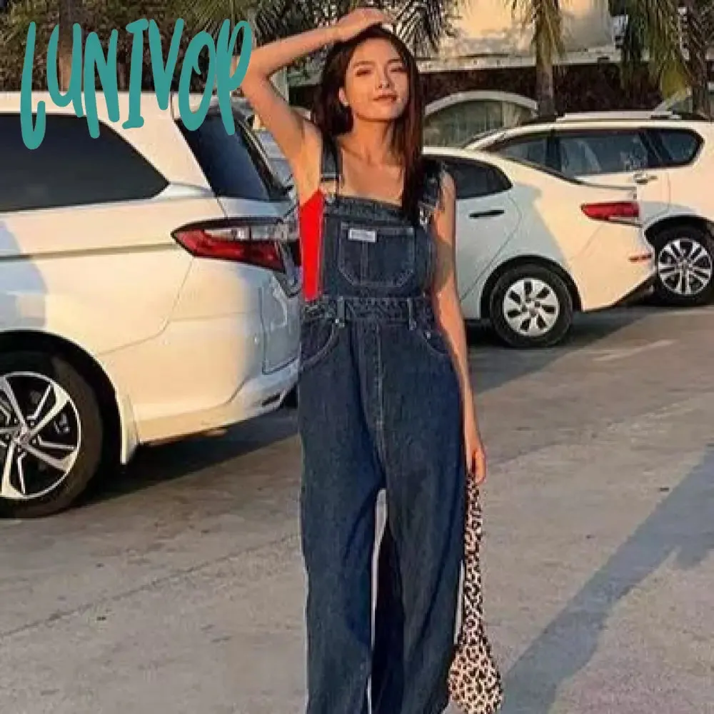 Lunivop 90s fashion Summer and Autumn New American Retro High Waist Denim Suspender Pants Women's Wide Leg Loose Casual Straight Slimming Mop Pants