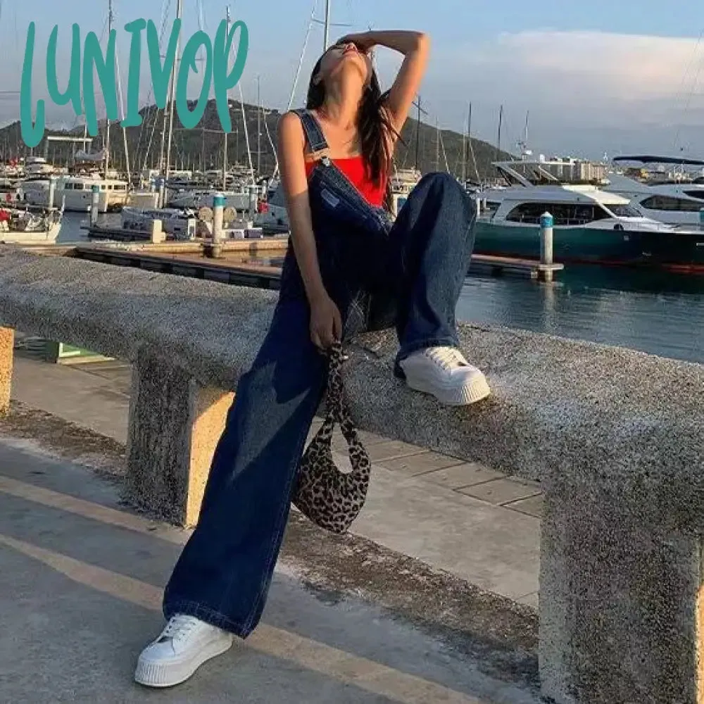 Lunivop 90s fashion Summer and Autumn New American Retro High Waist Denim Suspender Pants Women's Wide Leg Loose Casual Straight Slimming Mop Pants