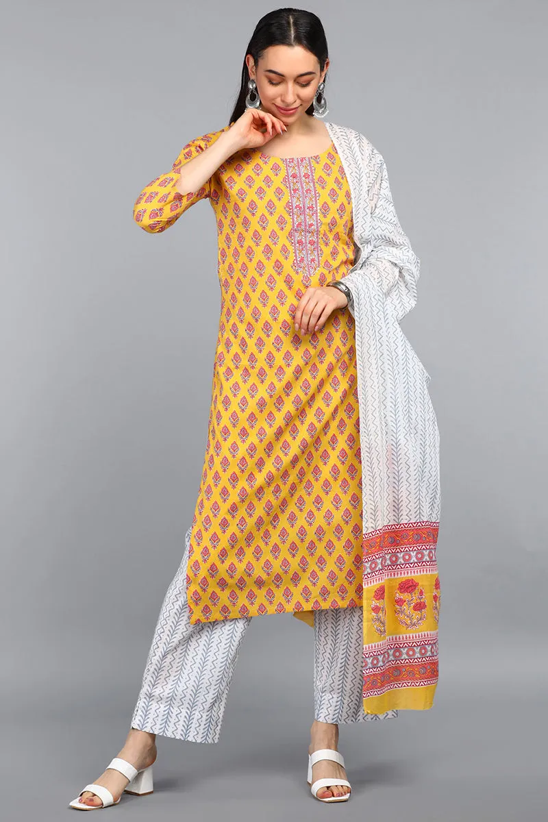 Mustard Polyester Straight Kurta Pant With Dupatta