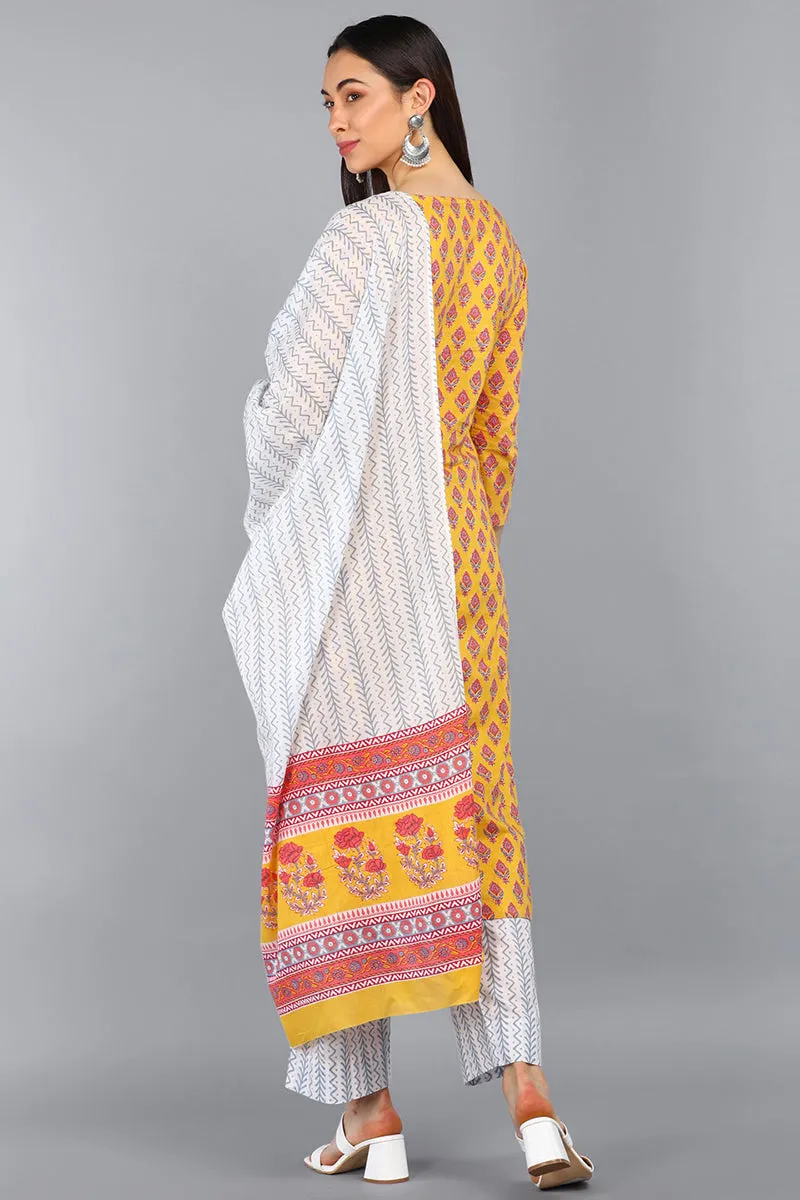 Mustard Polyester Straight Kurta Pant With Dupatta