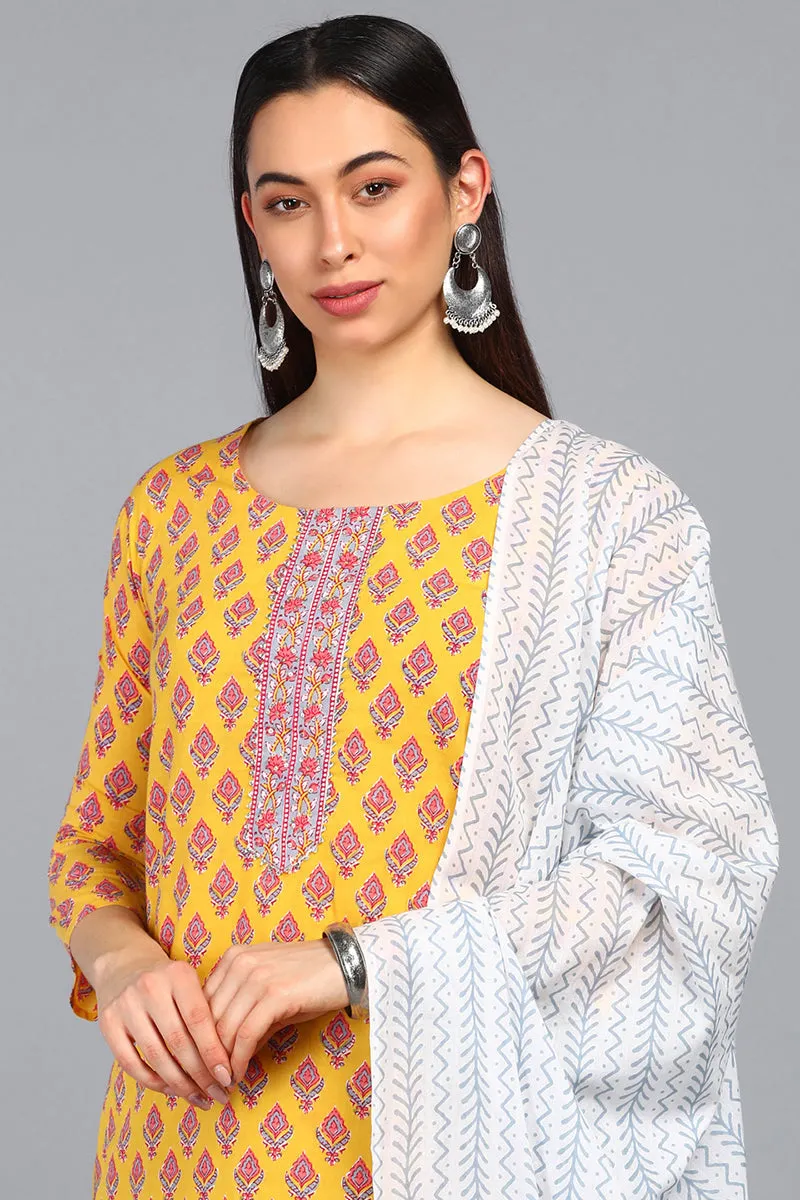 Mustard Polyester Straight Kurta Pant With Dupatta