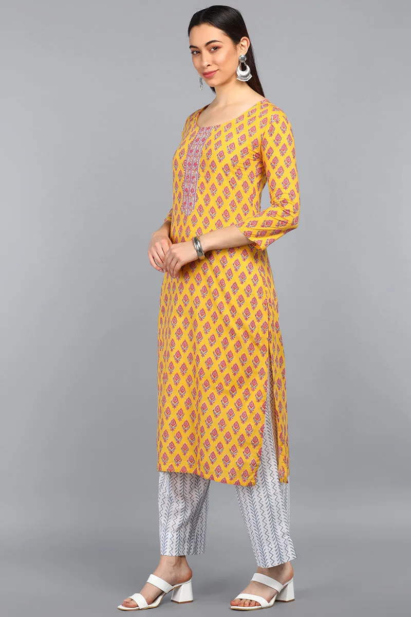 Mustard Polyester Straight Kurta Pant With Dupatta