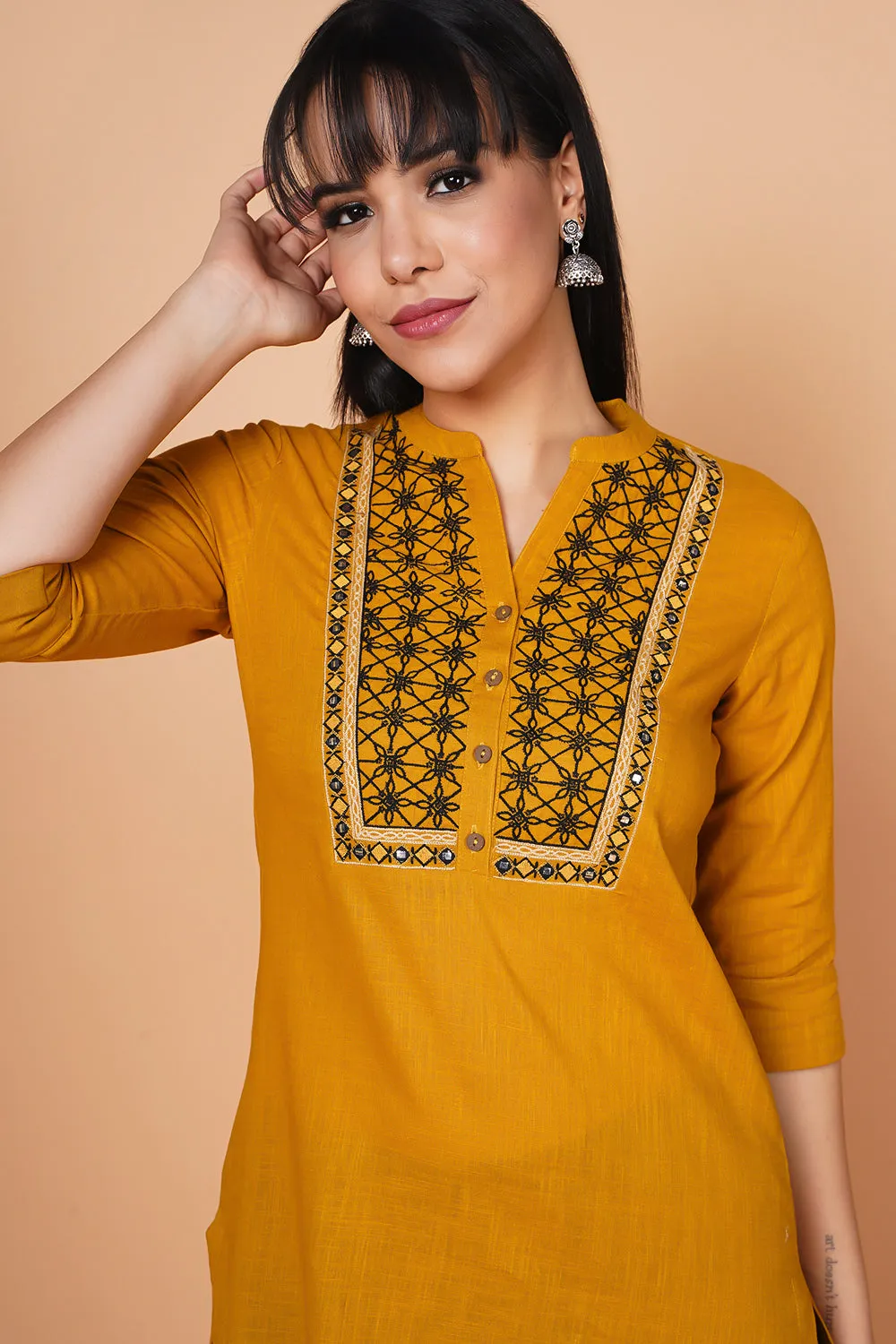 Mustard Yoke Embroidered Straight-fit Kurta 