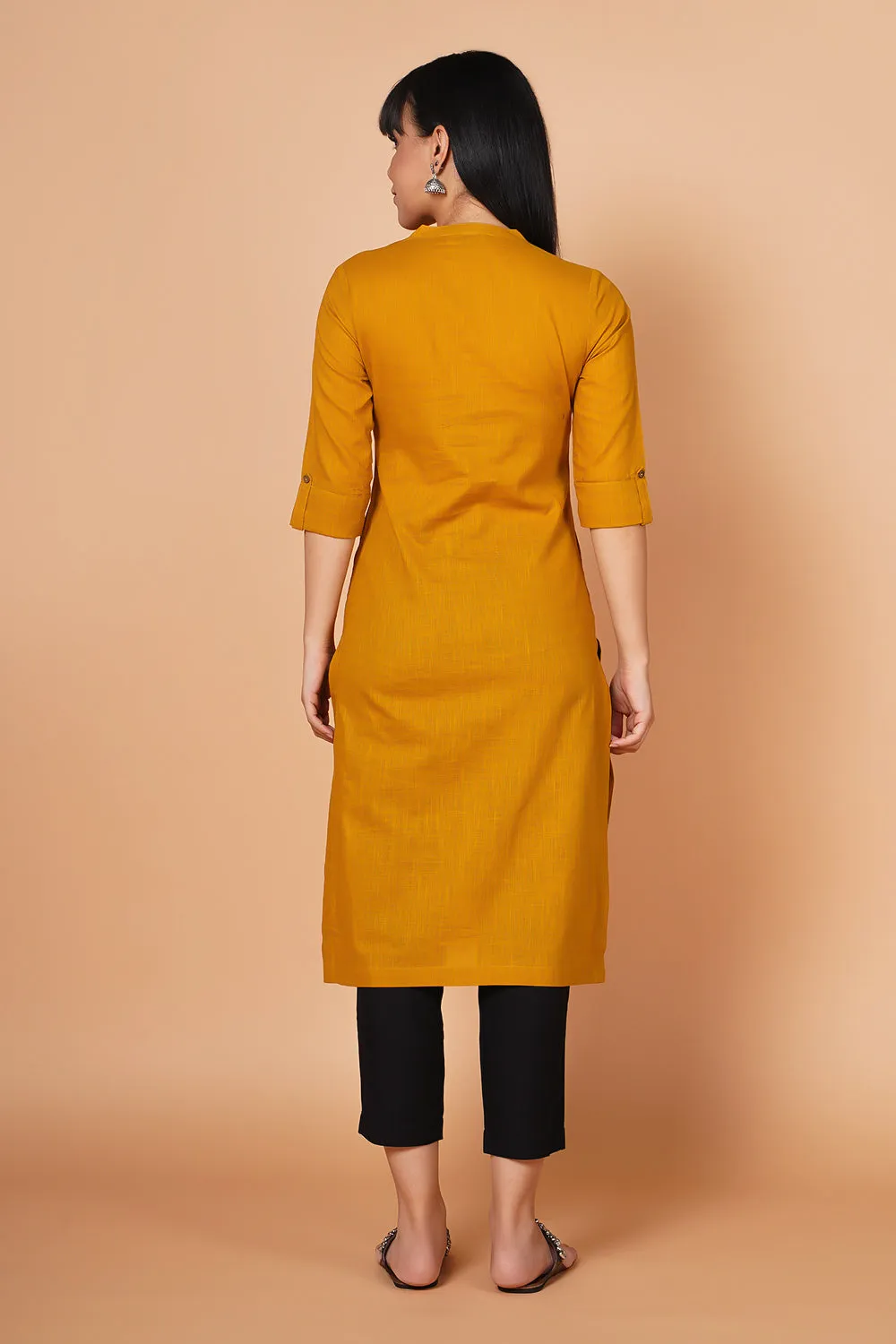 Mustard Yoke Embroidered Straight-fit Kurta 