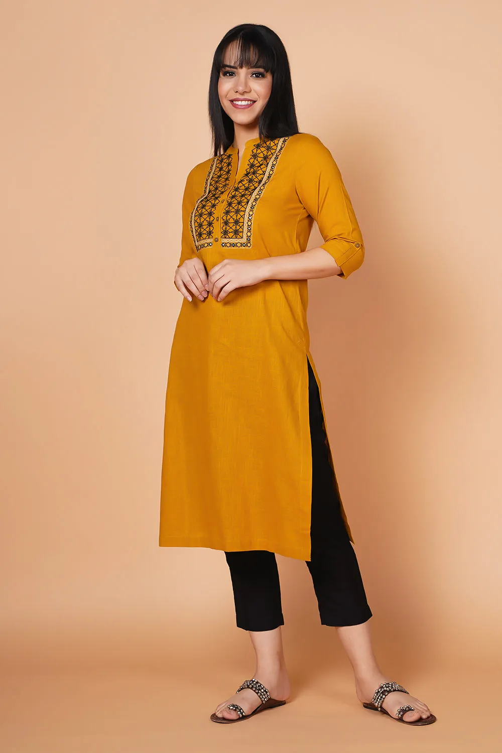 Mustard Yoke Embroidered Straight-fit Kurta 