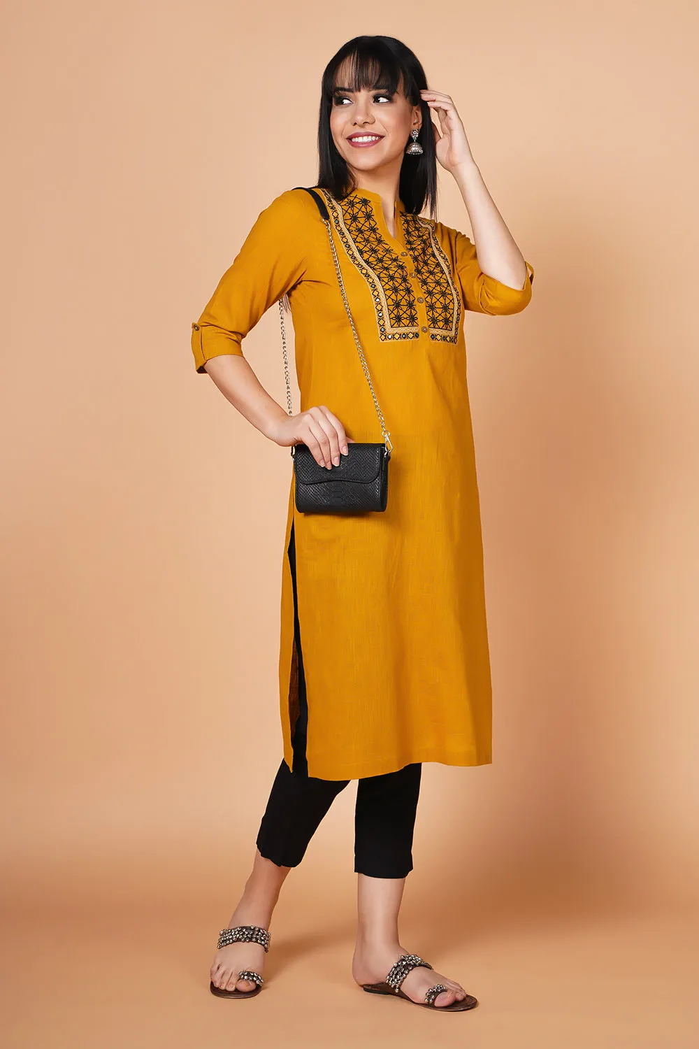 Mustard Yoke Embroidered Straight-fit Kurta 