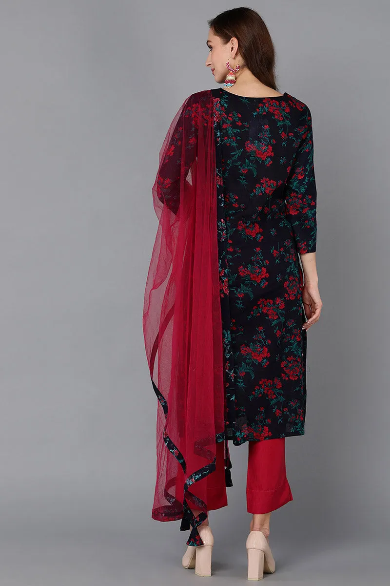 Navy Blue Rayon Blend Floral Straight Kurta Pant With Dupatta