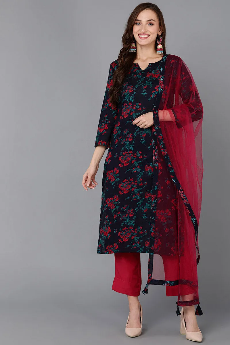 Navy Blue Rayon Blend Floral Straight Kurta Pant With Dupatta