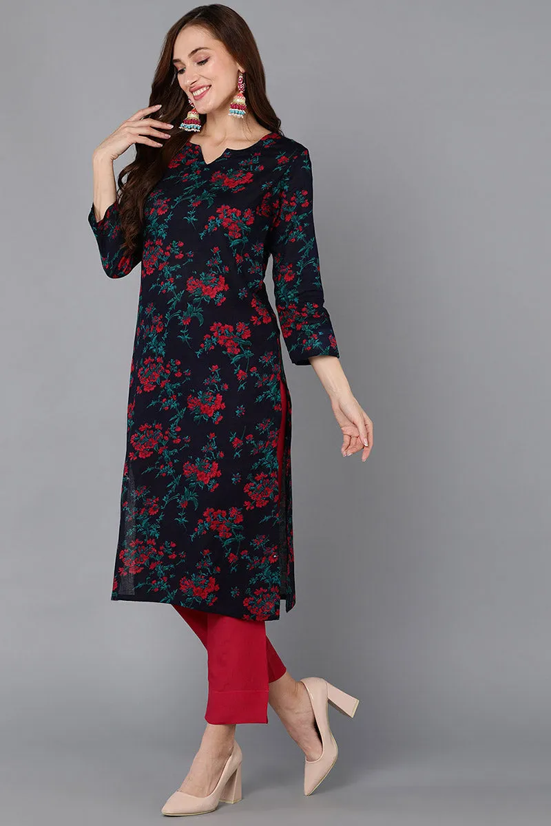 Navy Blue Rayon Blend Floral Straight Kurta Pant With Dupatta