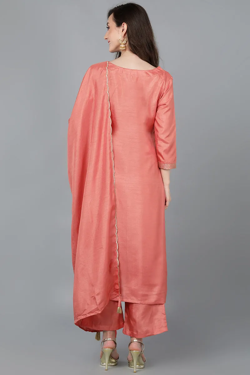 Orange Poly Silk Straight Kurta Pant With Dupatta